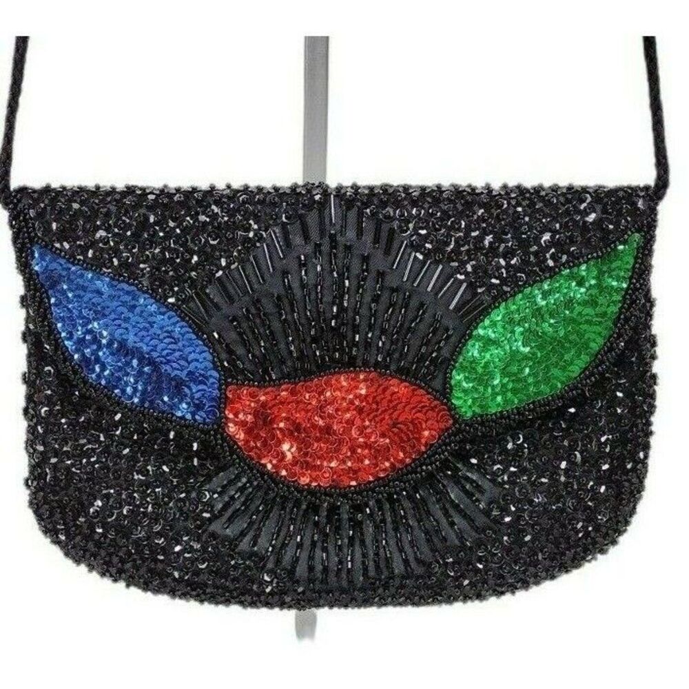 Vintage 80s La Regale Beaded Sequined Red Green Blue Art Deco Crossbody Purse